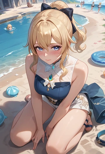 genshin impact,jean_(genshin_impact),sleeveless swim top,shorts-style bottom,contrast stitching  - AI generated anime art