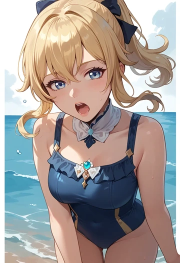 genshin impact,jean_(genshin_impact),retro style swimsuit,frilled neckline,bow detail  - AI generated anime art