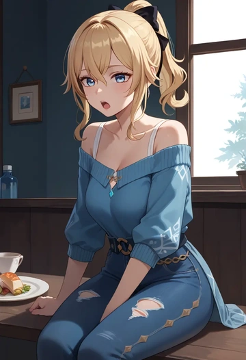 genshin impact,jean_(genshin_impact),sweater,off-shoulder,ripped jeans  - AI generated anime art