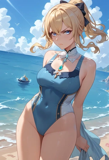 genshin impact,jean_(genshin_impact),racerback swimsuit,striped trim,name tag patch  - AI generated anime art