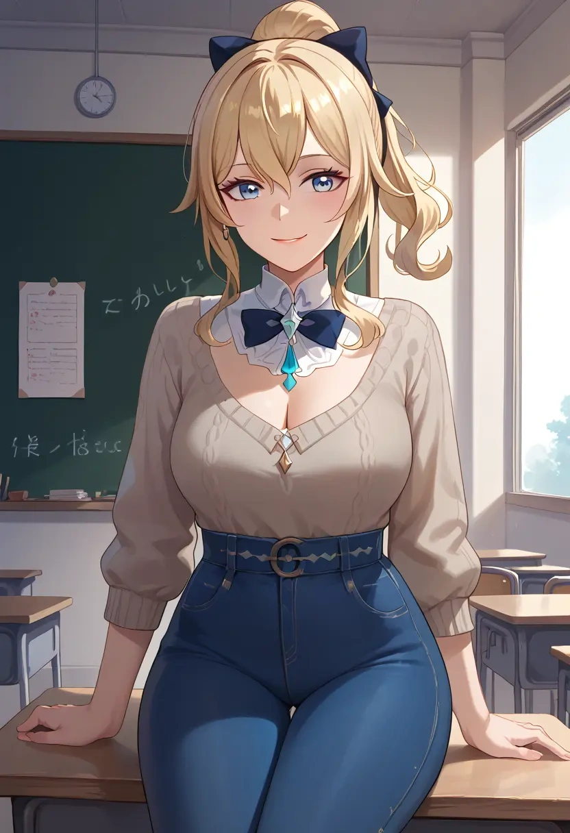 genshin impact,jean_(genshin_impact),teacher, sweater, jeans shorts  - 