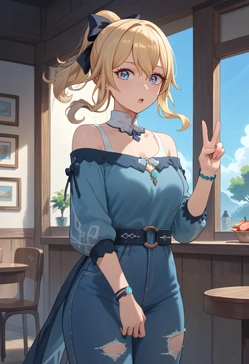 genshin impact,jean_(genshin_impact),sweater,off-shoulder,ripped jeans  - AI generated anime art