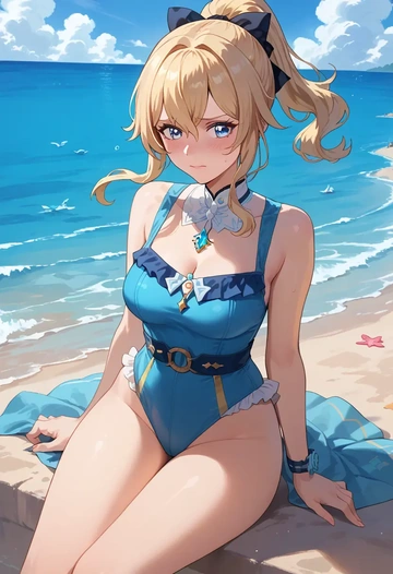 genshin impact,jean_(genshin_impact),retro style swimsuit,frilled neckline,bow detail  - AI generated anime art