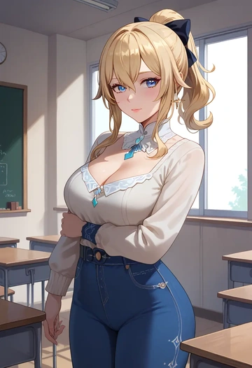 genshin impact,jean_(genshin_impact),teacher, sweater, jeans shorts  - AI generated anime art