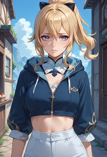 genshin impact,jean_(genshin_impact),crop hoodie,shorts  - AI generated anime art