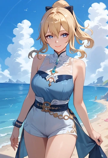 genshin impact,jean_(genshin_impact),sleeveless swim top,shorts-style bottom,contrast stitching  - AI generated anime art