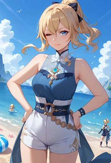 genshin impact,jean_(genshin_impact),sleeveless swim top,shorts-style bottom,contrast stitching  - AI generated anime art