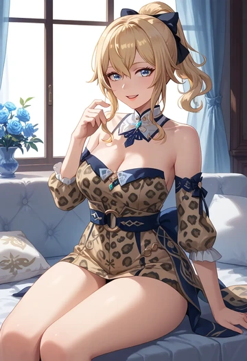 genshin impact,jean_(genshin_impact),leopard print,silk slip dress  - AI generated anime art