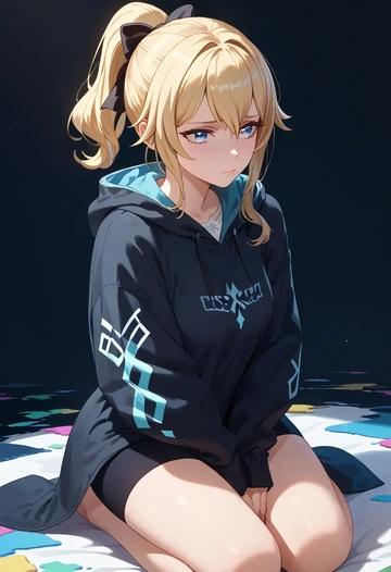 genshin impact,jean_(genshin_impact),oversized graphic hoodie,thigh-high socks,shorts  - AI generated anime art