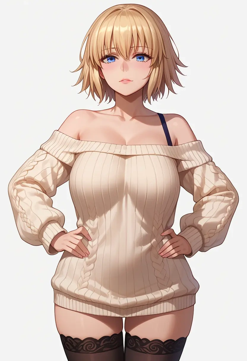 fate_(series),jeanne_d'arc_(fate),Hands on hips,off-shoulder,sweater,stockings  - 