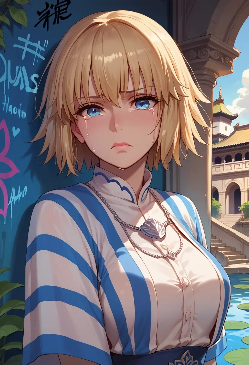 fate_(series),jeanne_d'arc_(fate),striped graffiti blouse,dolphin shorts  - 