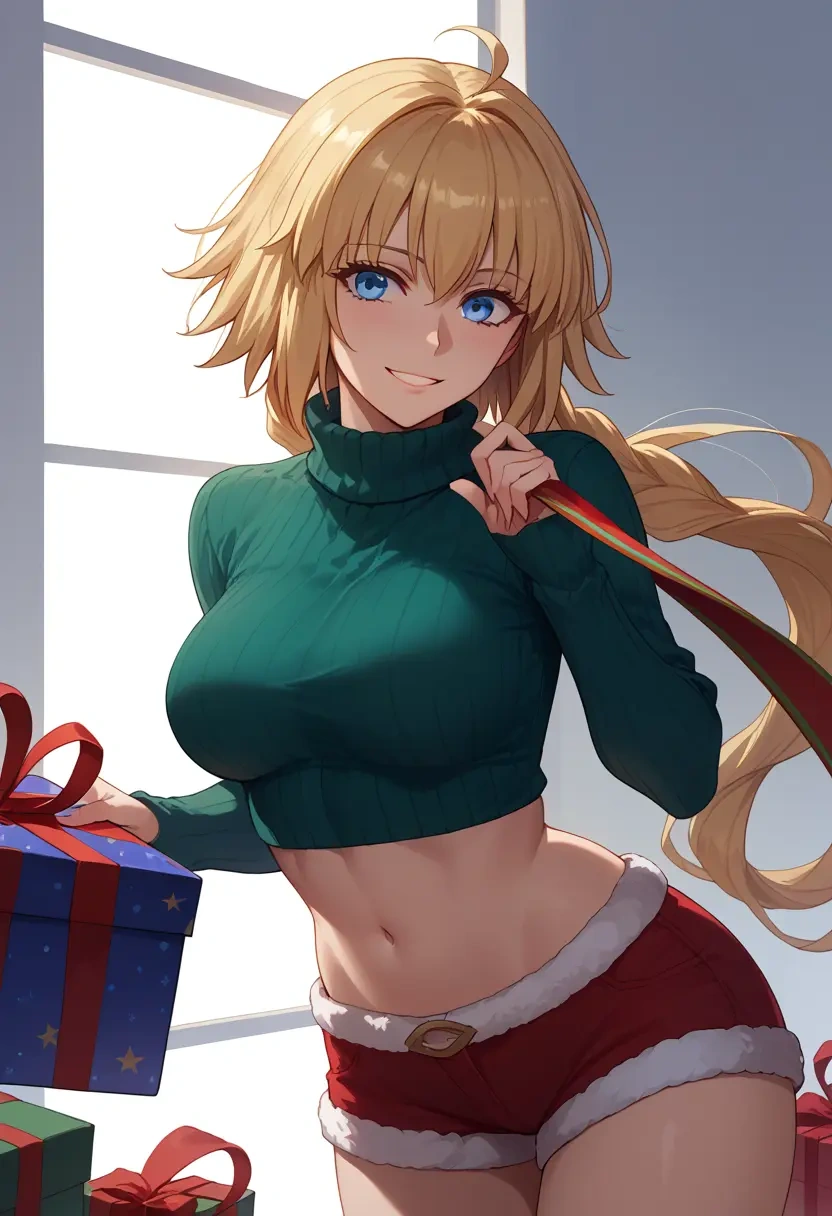 fate_(series),jeanne_d'arc_(ruler)_(fate),Christmas,red velvet shorts,turtleneck sweater  - 