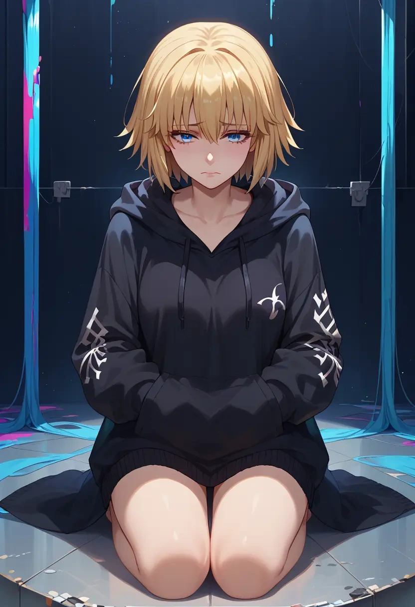 fate_(series),jeanne_d'arc_(ruler)_(fate),oversized graphic hoodie,thigh-high socks,shorts  - 