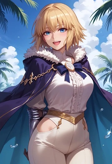 fate_(series),jeanne_d'arc_(ruler)_(fate),cape,hooded,leather pants  - AI generated anime art