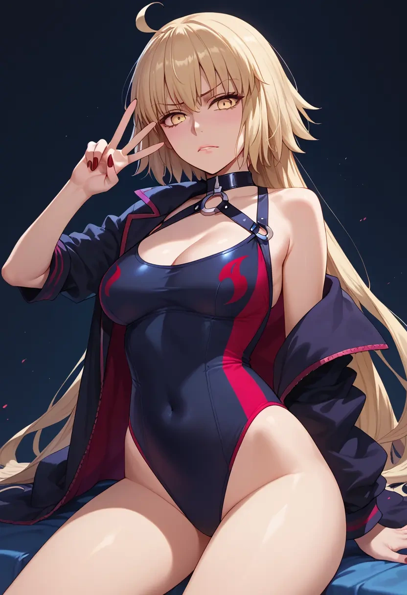 fate_(series),jeanne_d'arc_alter_(avenger)_(fate),racerback swimsuit,striped trim,name tag patch  - 