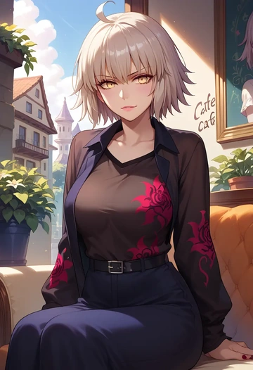 fate_(series),jeanne_d'arc_alter_(fate),silk graffiti shirt,dolphin shorts  - AI generated anime art