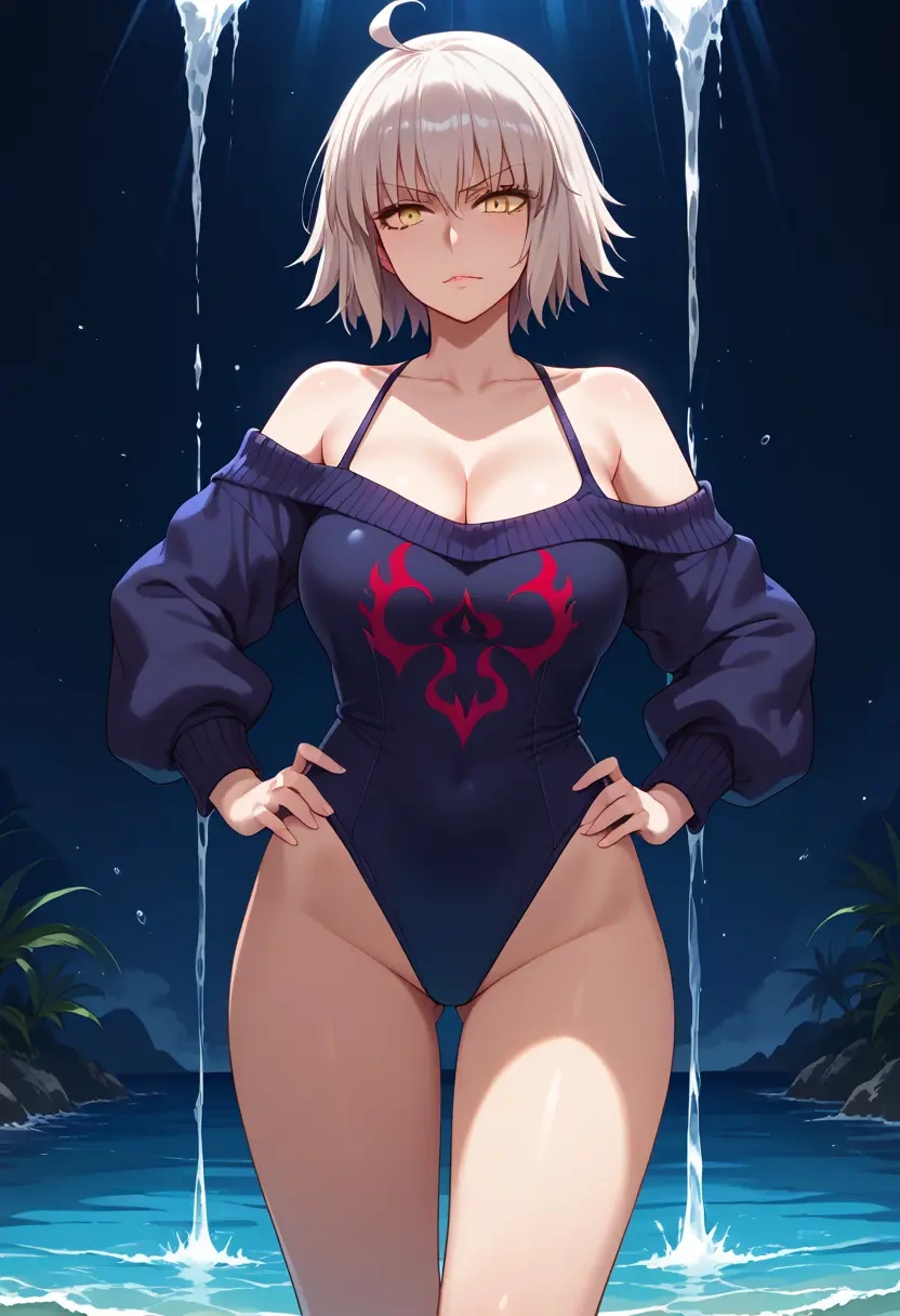 fate_(series),jeanne_d'arc_alter_(swimsuit_berserker)_(fate),Hands on hips,off-shoulder,sweater,stockings  - 