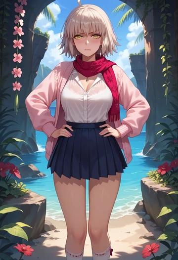 fate_(series),jeanne_d'arc_alter_(swimsuit_berserker)_(fate),spring,student uniform,light cardigan  - AI generated anime art