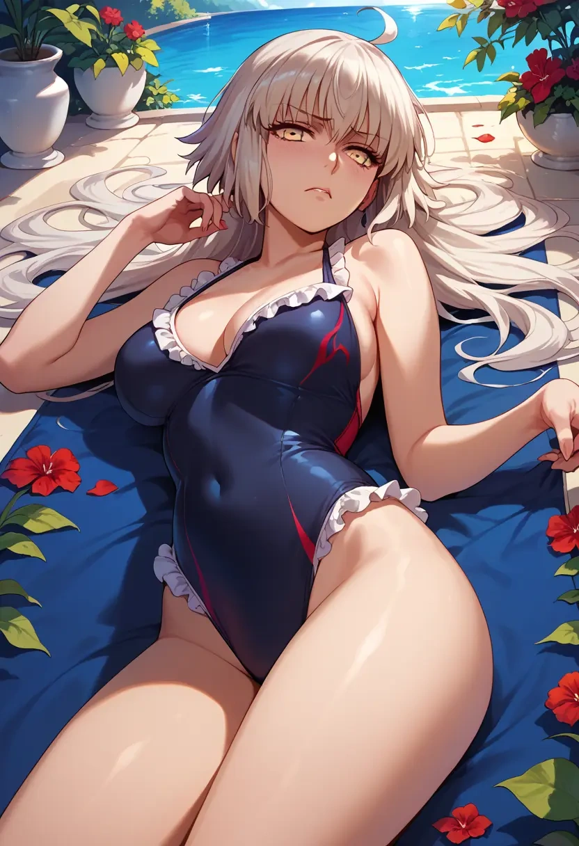 fate_(series),jeanne_d'arc_alter_(swimsuit_berserker)_(fate),retro style swimsuit,frilled neckline,bow detail  - 