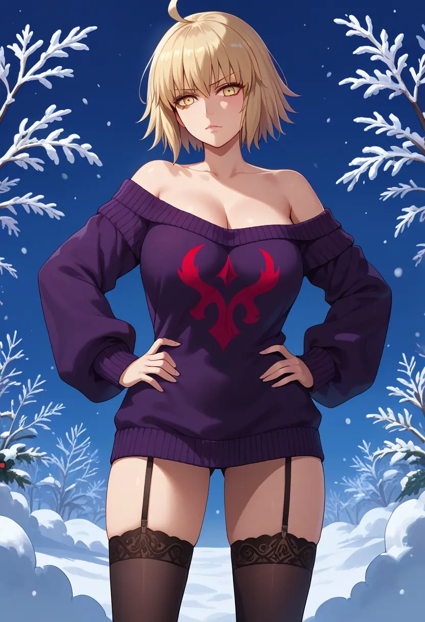 fate_(series),jeanne_d'arc_alter_santa_lily_(fate),Hands on hips,off-shoulder,sweater,stockings  - 