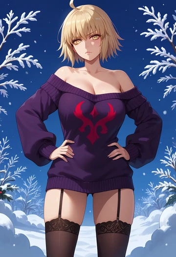 fate_(series),jeanne_d'arc_alter_santa_lily_(fate),Hands on hips,off-shoulder,sweater,stockings  - AI generated anime art