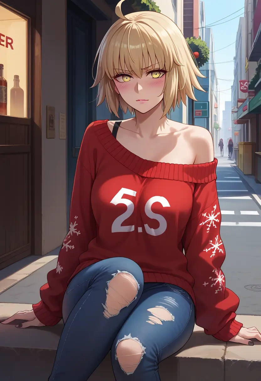 fate_(series),jeanne_d'arc_alter_santa_lily_(fate),sweater,off-shoulder,ripped jeans  - 