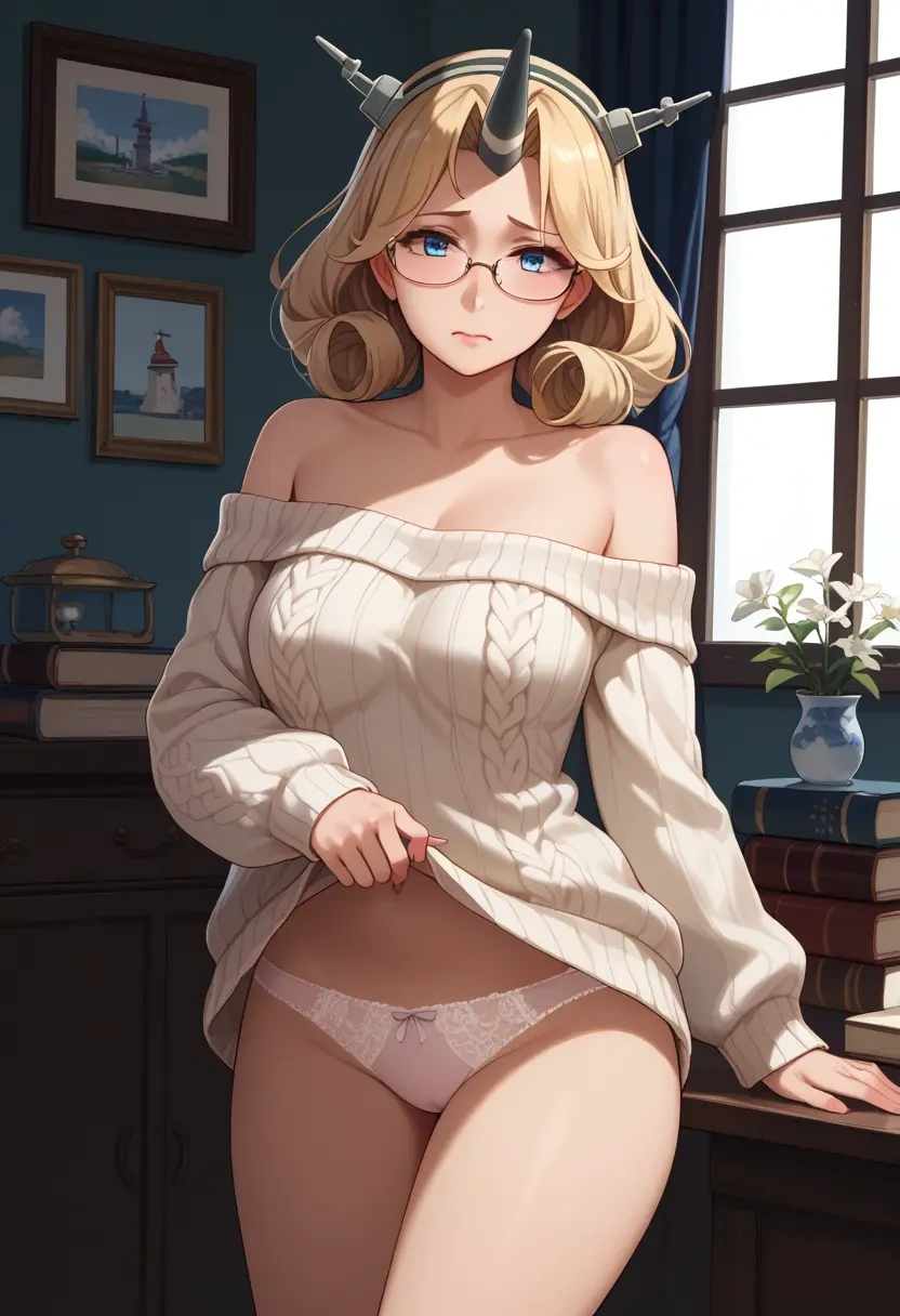 kantai_collection,jervis_(kancolle),sweater,panties,off-shoulder,glasses,sexy  - 