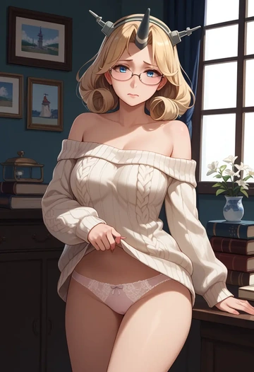 kantai_collection,jervis_(kancolle),sweater,panties,off-shoulder,glasses,sexy  - AI generated anime art