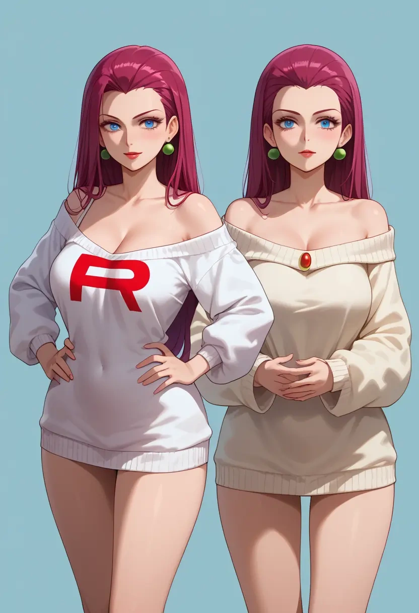 pokemon,jessie_(pokemon),Hands on hips,off-shoulder,sweater  - 