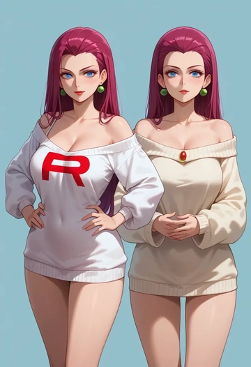 pokemon,jessie_(pokemon),Hands on hips,off-shoulder,sweater  - AI generated anime art