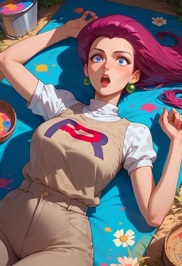 pokemon,jessie_(pokemon),paint-splatter blouse,dolphin shorts  - AI generated anime art