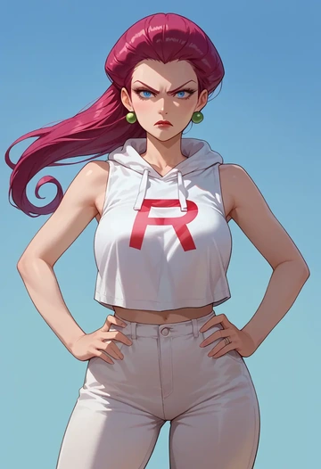 pokemon,jessie_(pokemon),sleeveless hoodie,biker shorts  - AI generated anime art