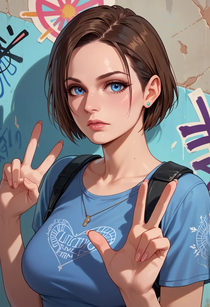 resident_evil,jill_valentine,silk graffiti shirt,dolphin shorts  - 