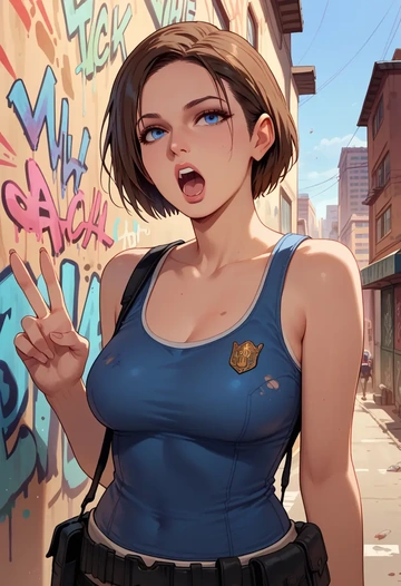 resident_evil,jill_valentine,abstract graffiti tank,dolphin shorts  - AI generated anime art