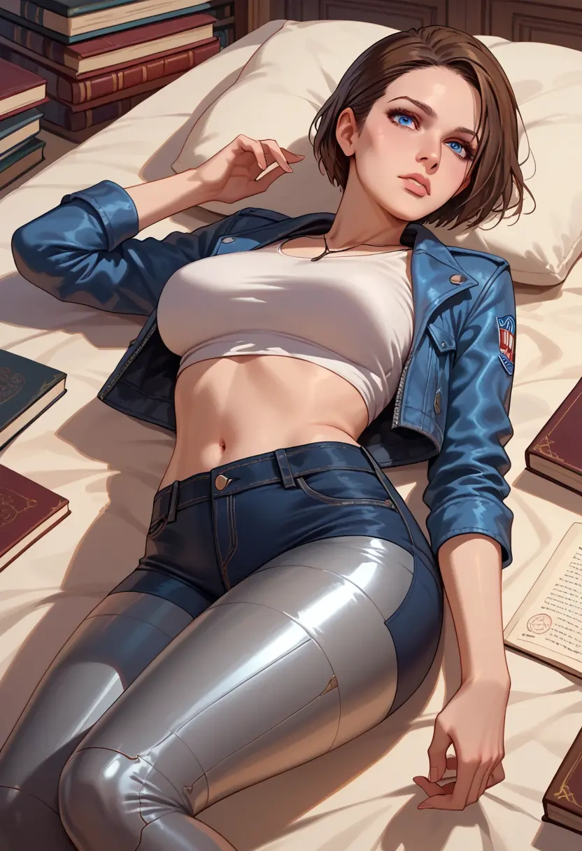 resident_evil,jill_valentine,denim jacket,cropped,leather leggings  - 