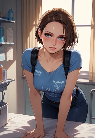 resident_evil,jill_valentine,handwritten script shirt,dolphin shorts  - AI generated anime art