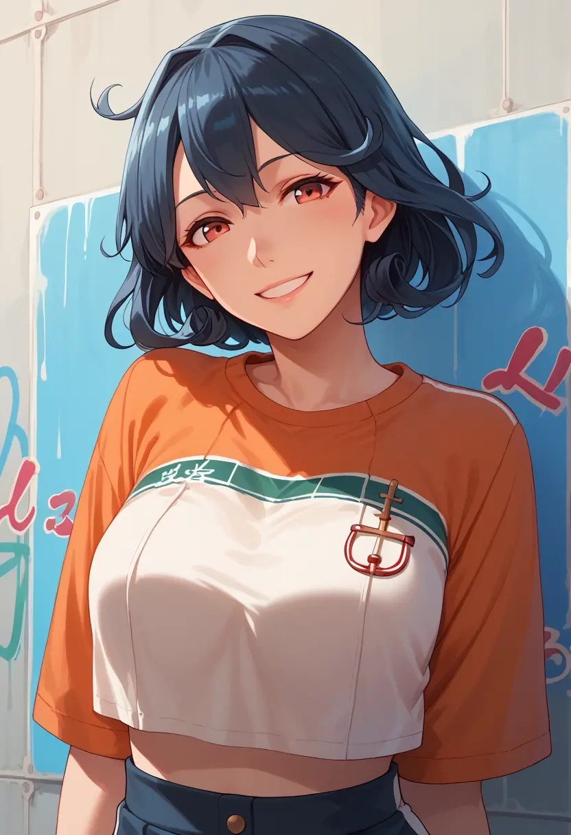 kantai_collection,jingei_(kancolle),cropped graffiti sweatshirt,dolphin shorts  - 