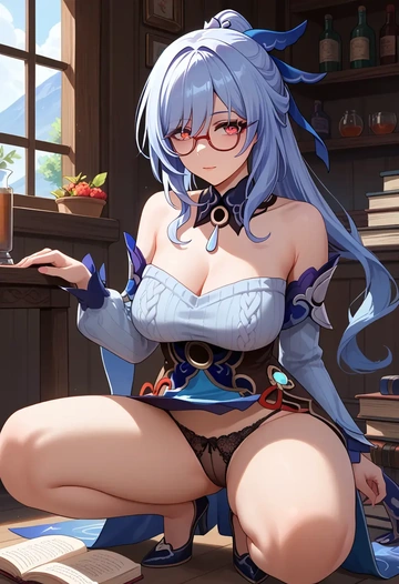 star rail,jingliu,sweater,panties,off-shoulder,glasses,sexy  - AI generated anime art