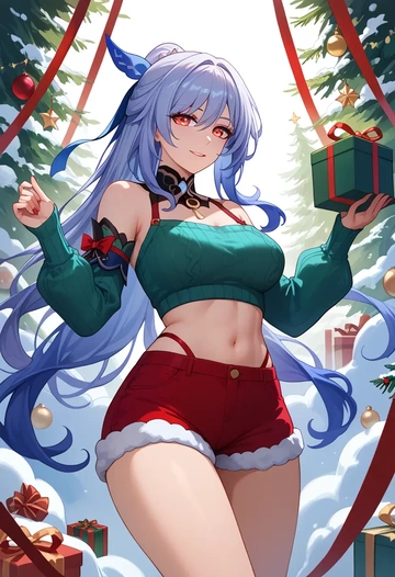 star rail,jingliu,Christmas,red velvet shorts,turtleneck sweater  - AI generated anime art