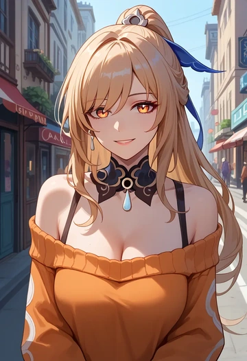 star rail,jingliu,orange,sweater,choker  - AI generated anime art