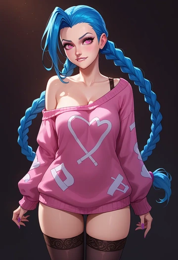 league_of_legends,jinx_(league_of_legends),off-shoulder,sweater  - AI generated anime art