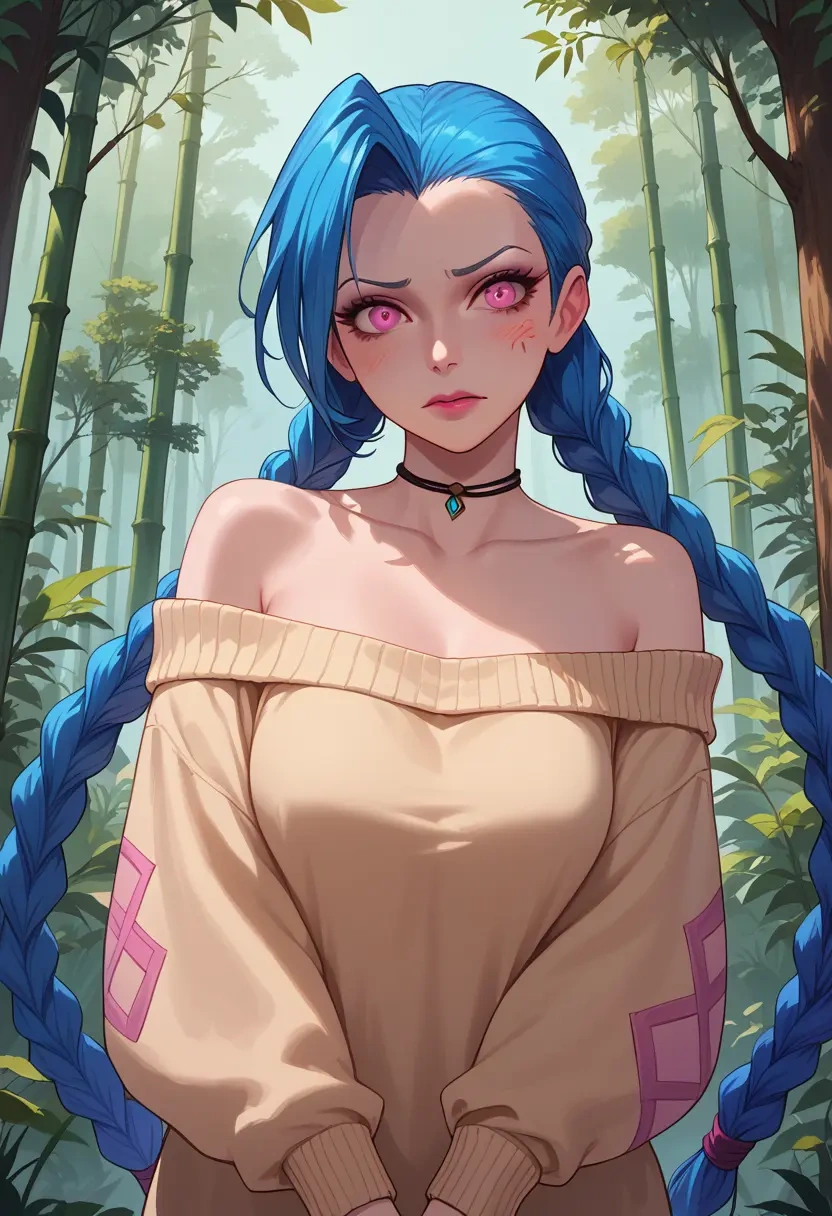 league_of_legends,jinx_(league_of_legends),sweater,off-shoulder,collar  - 