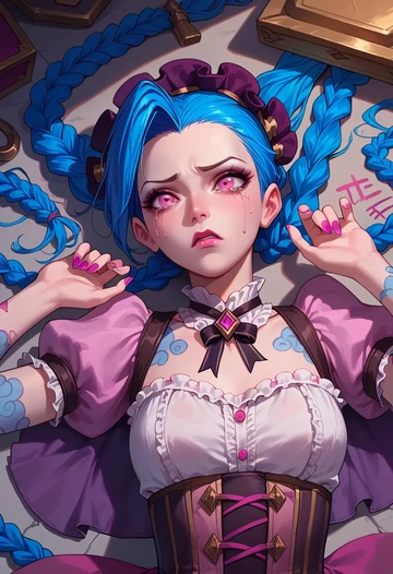 league_of_legends,jinx_(league_of_legends),patchwork graffiti top,dolphin shorts  - AI generated anime art