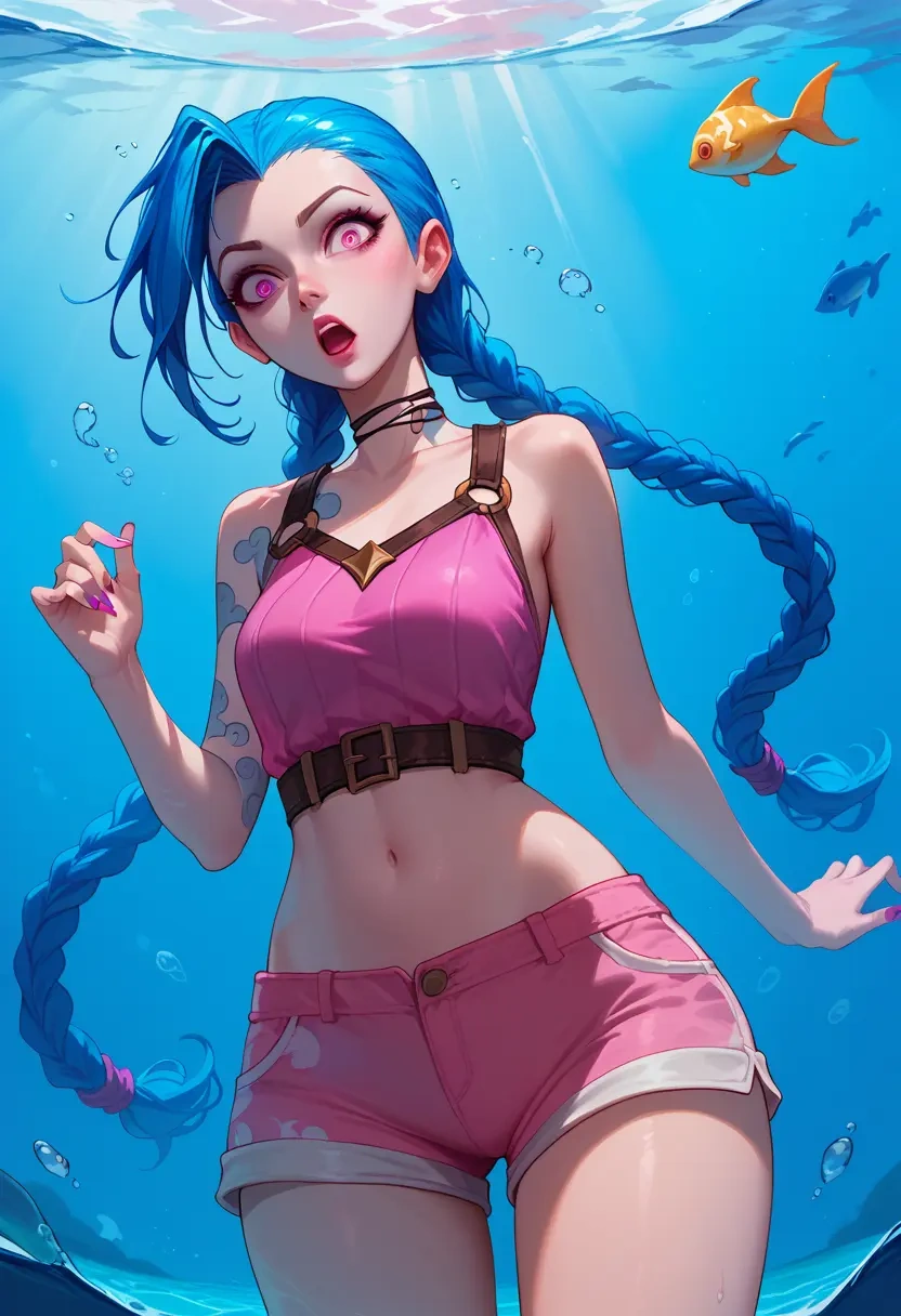 league_of_legends,jinx_(league_of_legends),sleeveless swim top,shorts-style bottom,contrast stitching  - 