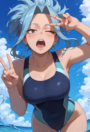 boku_no_hero_academia,jirou_kyouka,racerback swimsuit,striped trim,name tag patch  - AI generated anime art