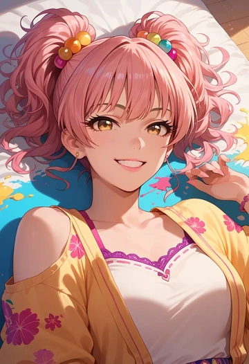 idolmaster,jougasaki_mika,paint-splatter blouse,dolphin shorts  - AI generated anime art