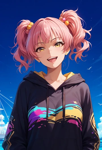 idolmaster,jougasaki_mika,oversized graphic hoodie,thigh-high socks,shorts  - AI generated anime art