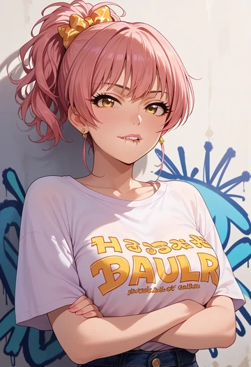 idolmaster,jougasaki_mika,oversized graffiti shirt,dolphin shorts  - AI generated anime art