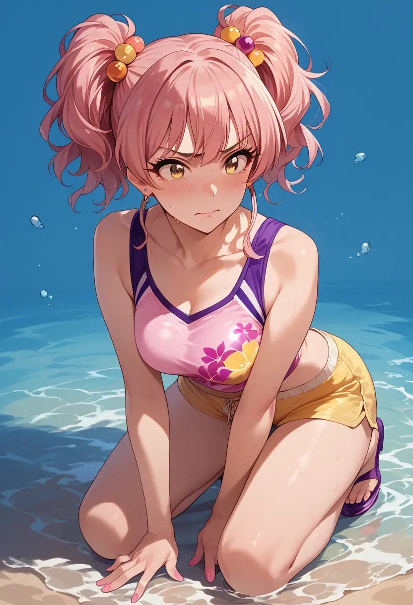 idolmaster,jougasaki_mika,sleeveless swim top,shorts-style bottom,contrast stitching  - 