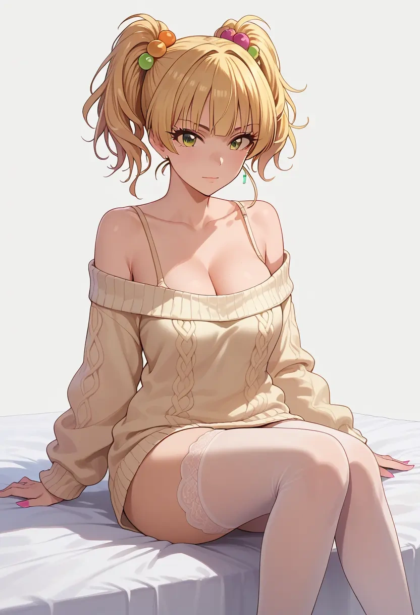 idolmaster,jougasaki_rika,cross-legged,off-shoulder,sweater,stockings  - 